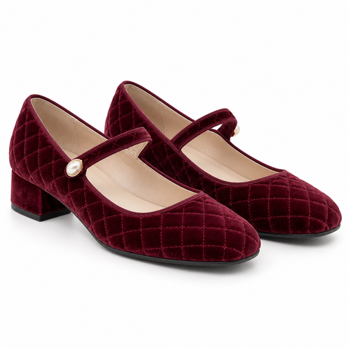 Women's Quilted Velvet Pearl-Buckle Mary Jane Shoes