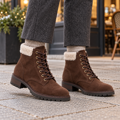 Women's Shearling-Collar Suede Lace-Up Ankle Boots