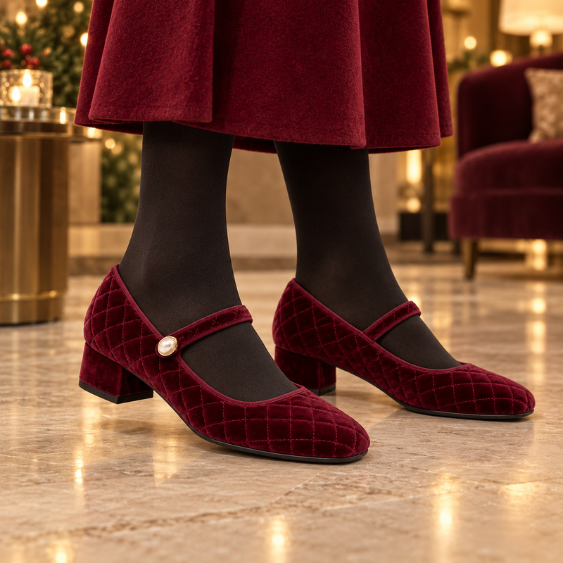 Women's Quilted Velvet Pearl-Buckle Mary Jane Shoes