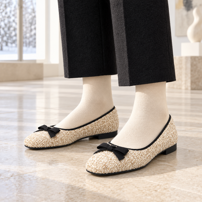 Women's Bouclé Bow Square-Toe Winter Flats