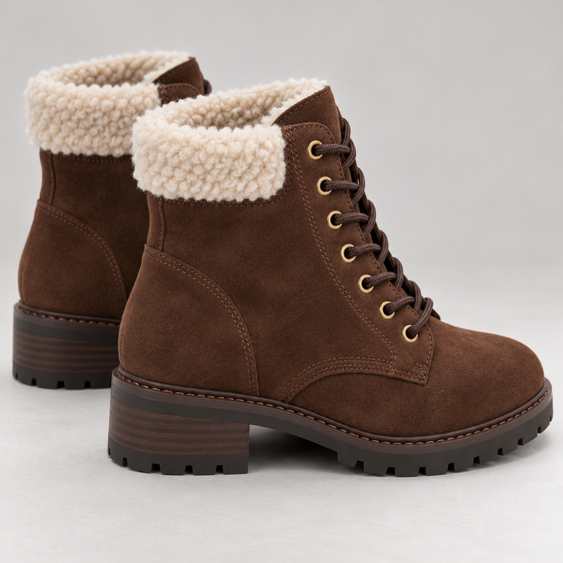 Women's Shearling-Collar Suede Lace-Up Ankle Boots