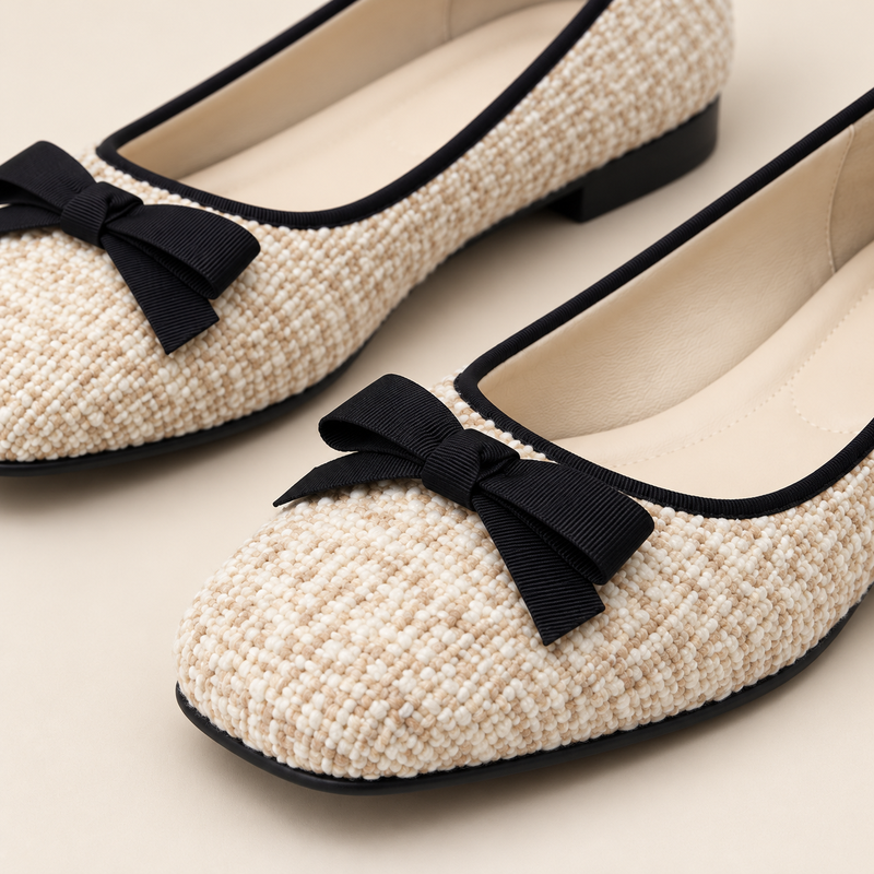 Women's Bouclé Bow Square-Toe Winter Flats