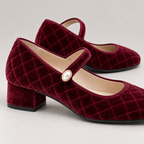 Women's Quilted Velvet Pearl-Buckle Mary Jane Shoes