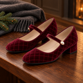 Women's Quilted Velvet Pearl-Buckle Mary Jane Shoes